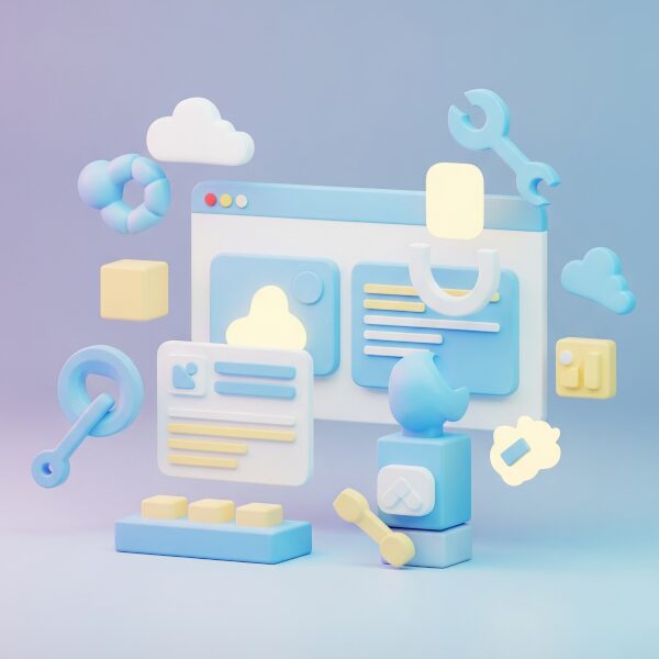 パステルカラーの背景に、ウェブサイトのビルディングブロックとツールが浮かぶ、シンプルで抽象的なウェブサイト作成の3Dイラスト。