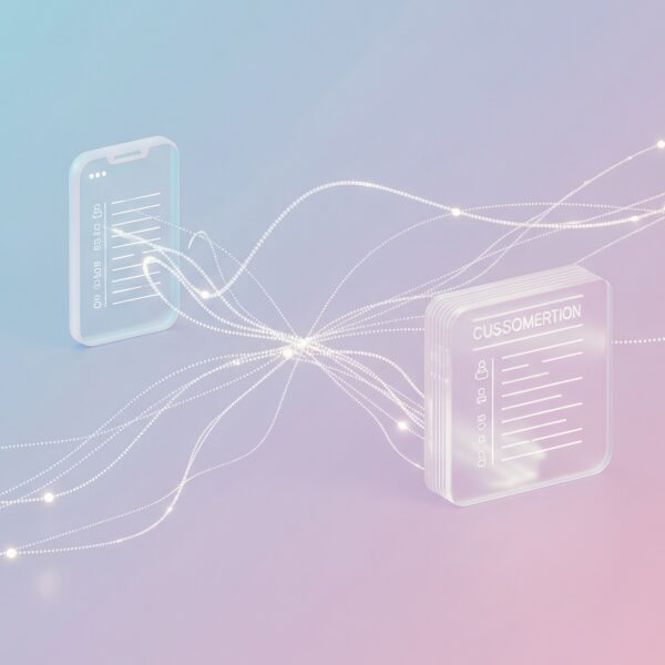 パステルカラーのグラデーションがかった背景に、中心に位置する「Product A」を示す抽象的なオブジェクトがあり、その周囲には棒グラフや円グラフなどのデータ可視化要素が配置されています。これらのグラフは、高いエンゲージメントと購入完了率を示しており、人気商品の発見を表現しています。