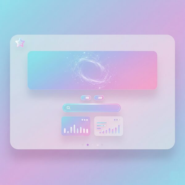 パステルグラデーションのミニマルなWebデザインインターフェースの3Dレンダリング。UI/UX要素、ロゴ、バナーが抽象的に配置され、未来的な魔法のような革新性を表現している。