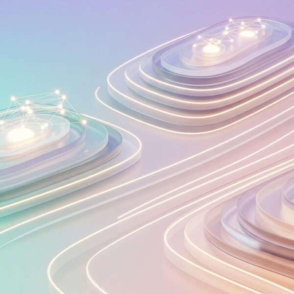 流れるようなパステルグラデーションの抽象的なデジタル風景を3Dレンダリング。AIパーソナライズ、没入型UX、ウェブアクセシビリティを表す要素が統合されている。