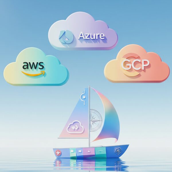 広大な青空に浮かぶパステルカラーの雲のようなAWS、Azure、GCPの象徴的なアイコンと、その間を航海する未来的な船。