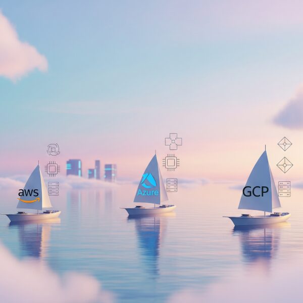 雲が浮かぶ広大なデジタル空間で、AWS、Azure、GCPのロゴが描かれた3隻の異なる帆船が航海している様子。それぞれの船は、コンピューティングとストレージを表すシンボル（プロセッサのチップアイコン、データの箱やサーバーラックのアイコン）を積んでおり、未来的なデータセンターのシルエットが背景に控えめに見える。空と海にパステルカラーのグラデーションが広がり、広大な可能性を感じさせる。