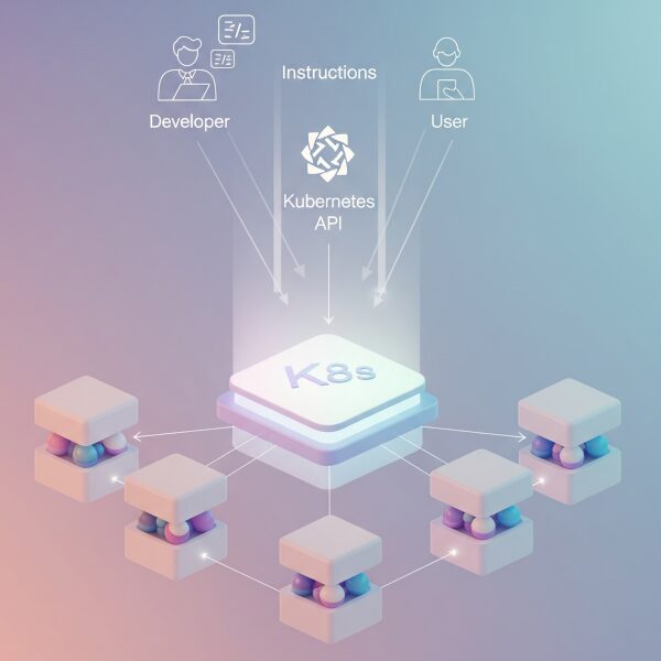 ユーザーや開発者からの指示がKubernetes APIを通じてコントロールプレーンに渡され、コントロールプレーンが複数のノード（Pod）上のコンテナ群を管理・連携させるKubernetesのシステム構造を、リアルな3D表現、ミニマルデザイン、パステルグラデーションの色調で描いた概念図。文字情報は一切含まれていません。