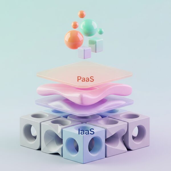 IaaS、PaaS、SaaSの抽象的な概念をパステルグラデーションで表現したミニマルな3Dレンダリング画像。下部にIaaSを示す基盤のような構造、その上にPaaSを表す流れるようなプラットフォーム、最上部にSaaSを示す球体や立方体が配置されています。