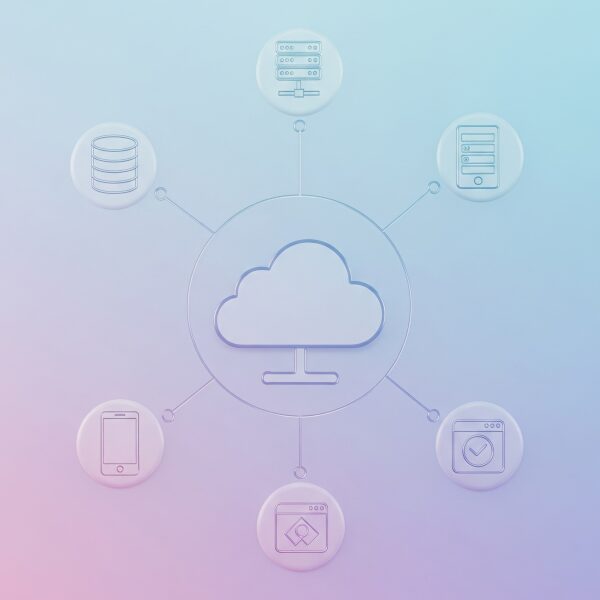 中央にクラウドアイコンを配置し、データベース、サーバー、モバイルデバイス、ウェブブラウザ、開発ツールといった様々なクラウドサービス利用例の要素が接続されたアーキテクチャ図。