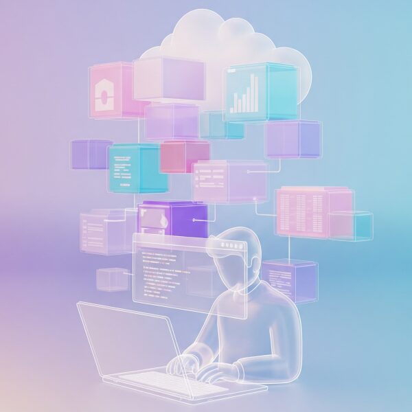 パステルグラデーションのミニマルな3Dレンダリングで、開発者がノートパソコンでコーディングに集中する姿と、その背後で抽象的なクラウド内に複数のカラフルなコンテナがシームレスに動作している様子。