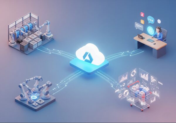 中央のAzureクラウドアイコンから、製造業、小売業、カスタマーサポートの3つの産業へとデータが流れる様子を表現したイメージ図。