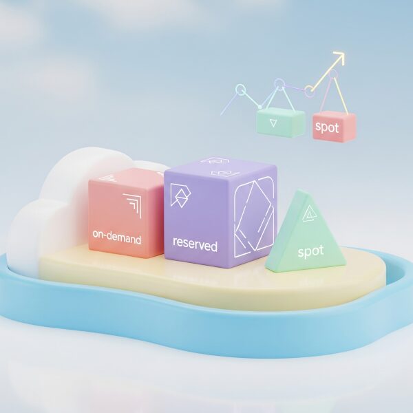 3つの異なるブロックが乗った雲のプラットフォームの3Dレンダリング。各ブロックはクラウド料金モデルを象徴しており、その上にはコスト最適化を示すグラフが浮かんでいる。