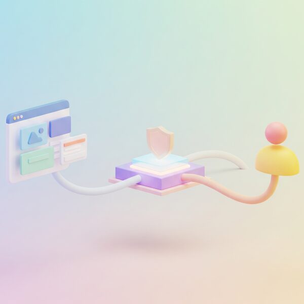 ウェブサイトと読者を安全なプラットフォームで繋ぐ様子を描いたミニマルな3Dイラスト。