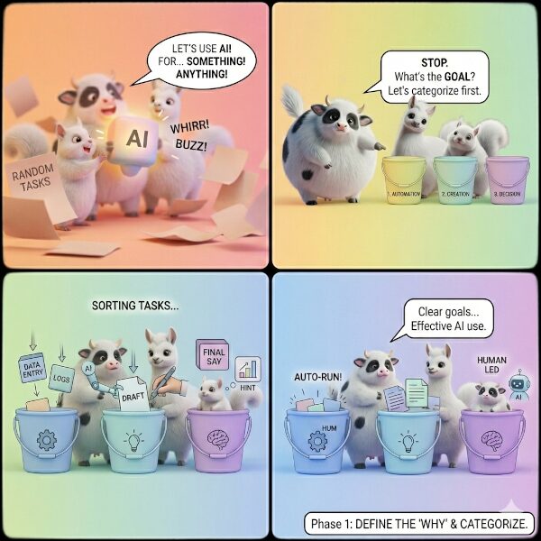 パステルカラーの背景に、3Dレンダリングされた牛、アルパカ、リスが登場する4コマ漫画。「なんとなくAIを使う」混沌とした状態から、「自動化」「創造」「意思決定」の3つのバケツにタスクを分類し、AI活用の目的を明確化するプロセス（Phase 1）を描いている。