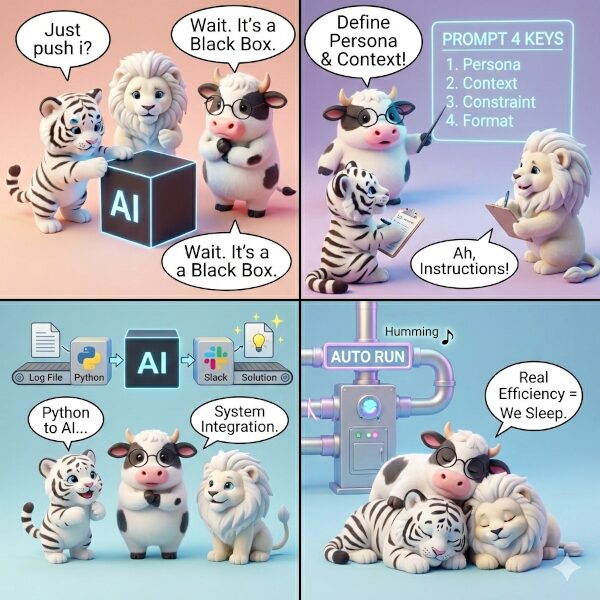 フォトリアルな3Dレンダリングの4コマ漫画。丸い牛、ホワイトタイガー、ホワイトライオンの精霊たちが登場。