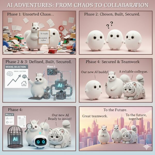 パステルカラーの背景に、3Dレンダリングされた「白い丸い精霊」「アルパカの精霊」「ホワイトタイガーの精霊」が登場する6コマのインフォグラフィック漫画。Phase 1の混沌とした状態から、モデル選定、システム構築、そしてPhase 4のガバナンス構築を経て、AIを信頼できる相棒として迎え入れ、未来へ進むチームの旅路を描いている。