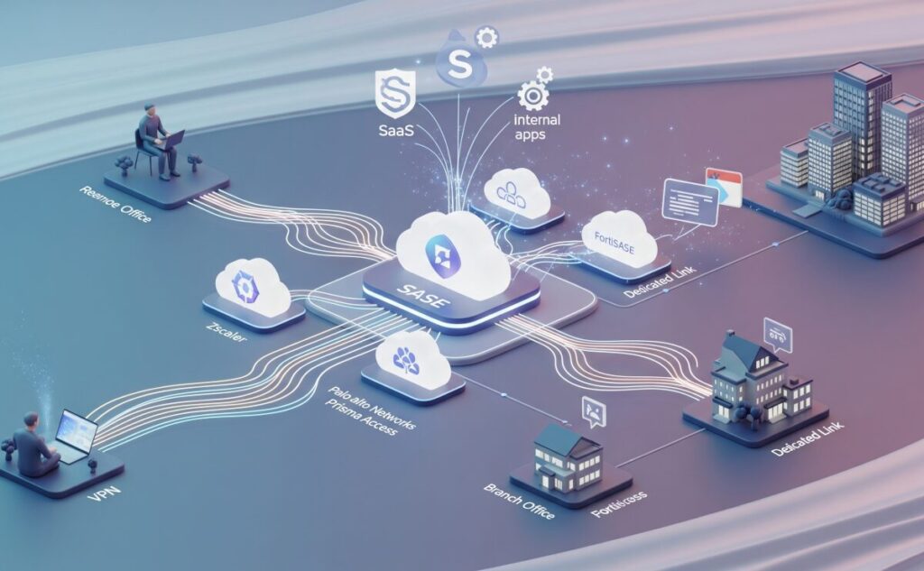 SASEベンダーのクラウドサービスを中心に、リモートユーザー、ブランチオフィス、社内ネットワークがVPN、専用線、クライアントソフトウェア、Webブラウザ経由で接続し、SaaSや社内アプリケーションにアクセスするSASE基盤のシステム構成を示したフォトリアルな3Dレンダリング画像。