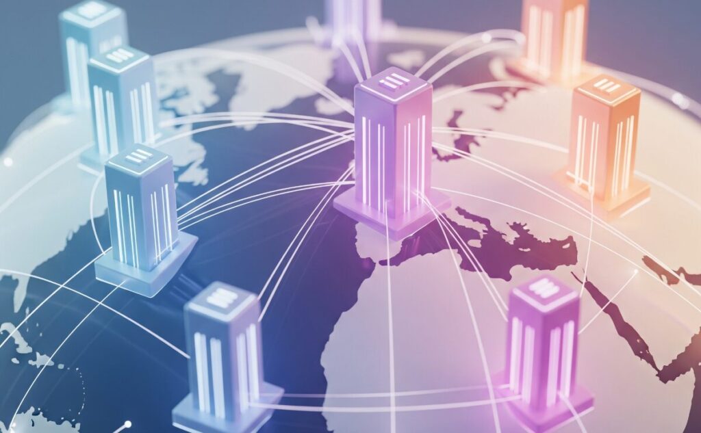 地球儀上に配置された、相互接続されたグローバルなクラウドデータセンターをリアルな3Dで表現。ミニマルなデザインとパステルグラデーションの色調で、データフローを示す光の線がネットワークを形成しています。