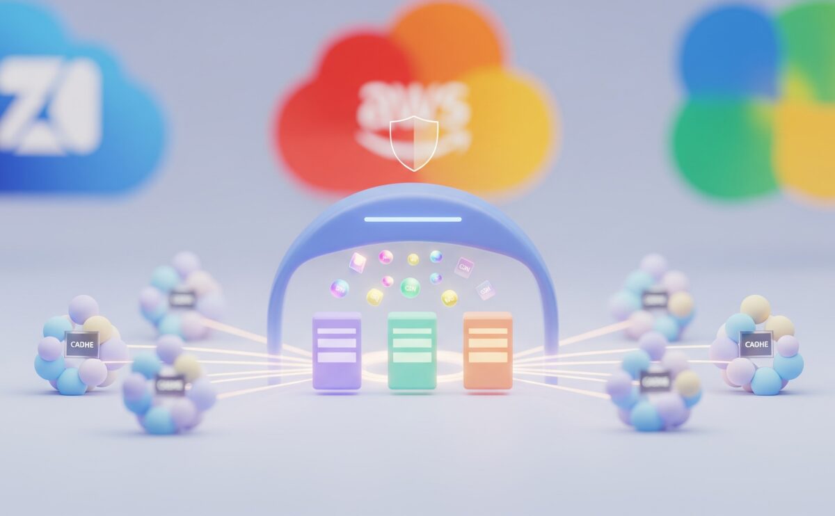 ロードバランサーとCDNを象徴する3Dのアイコンが、パステルカラーのネットワーク上でデータをやり取りしている様子。背景にはAWS、Azure、Google Cloudを暗示するグラデーションがぼんやりと見える。