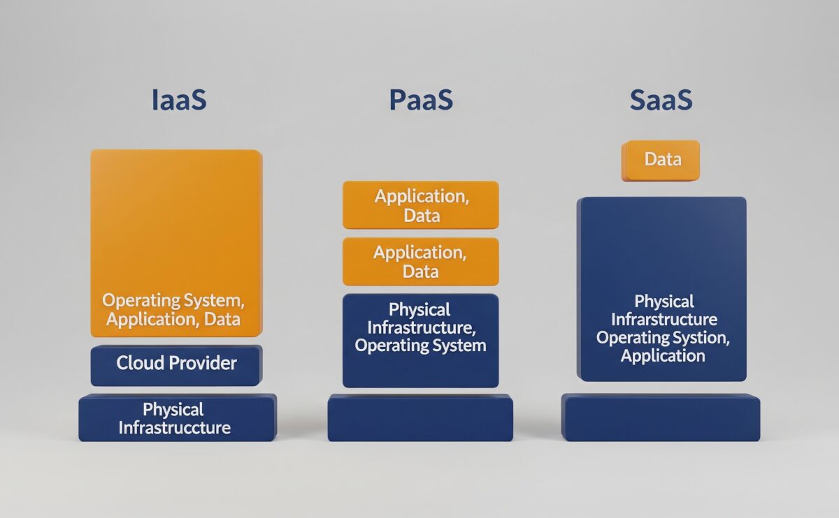 クラウドサービスにおける共有責任モデルの図解。IaaS、PaaS、SaaSの3つの柱があり、それぞれプロバイダー(青)とユーザー(オレンジ)の責任範囲が異なる割合で示されています。