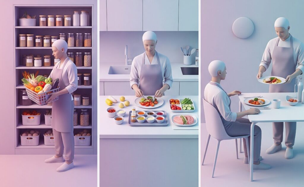 IaaS、PaaS、SaaSの概念を料理の比喩で表現した3Dレンダリング画像。