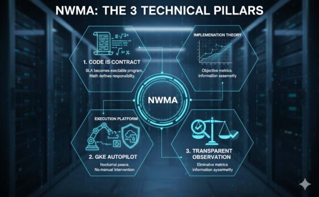 A 3D photorealistic infographic set in a futuristic server room. A central glowing circle labeled "NWMA" connects to four hexagonal panels representing the technical pillars: 1. CODE IS CONTRACT (math defining responsibility), 2. GKE AUTOPILOT (nocturnal peace and no manual intervention), 3. TRANSPARENT OBSERVATION (eliminating information asymmetry), and IMPLEMENTATION THEORY (objective metrics). Pastel blue and teal neon lighting with minimalist design.