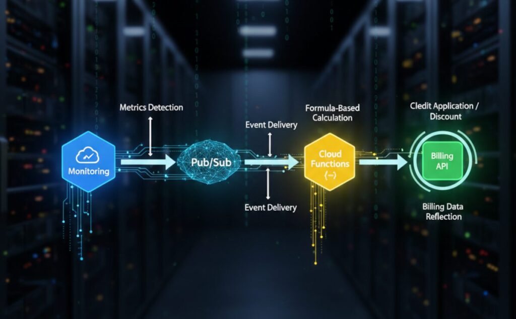 A photorealistic 3D render of a futuristic digital pipeline in a minimalist server room. Glowing icons represent the process: Cloud Monitoring (detection), Pub/Sub (streaming), Cloud Functions (calculation with a math formula), and Billing API (reflecting on a digital invoice). The icons are connected by golden data streams, illustrating a seamless, autonomous flow from measurement to payment.