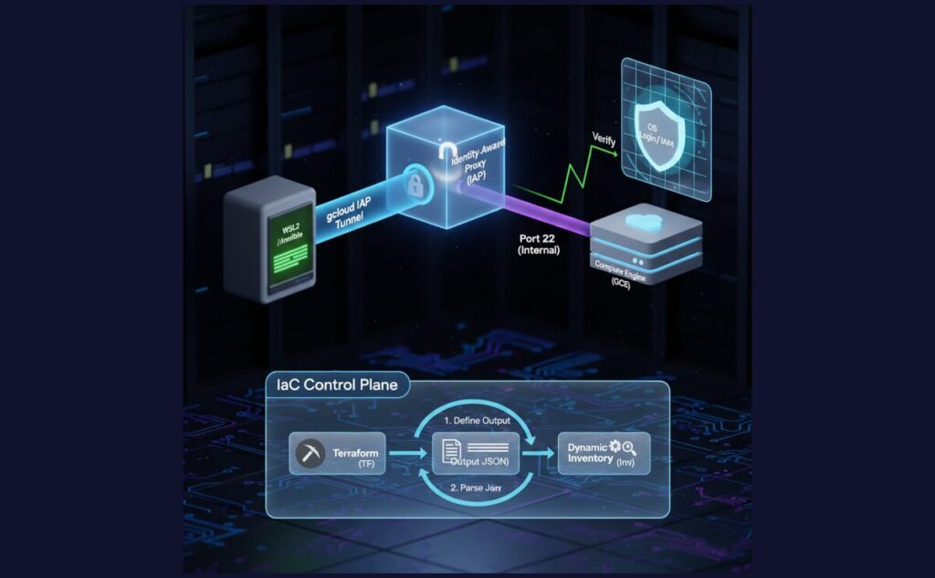 WSL2からIdentity-Aware Proxy (IAP)を経由し、OS Loginで認証してCompute Engineへ接続する、TerraformとAnsibleの連携構成図。